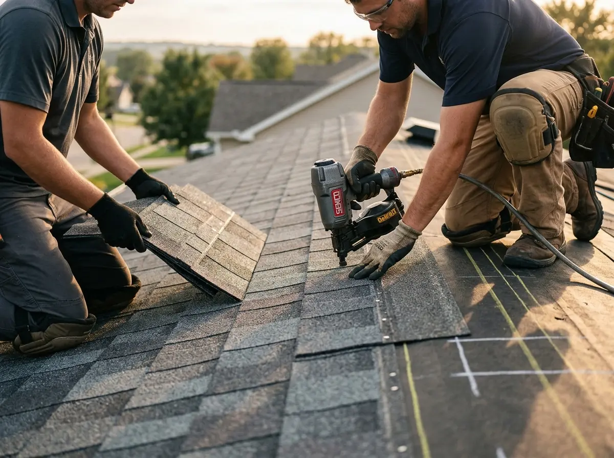 Professional roofer working on a residential roof in Shelbyville